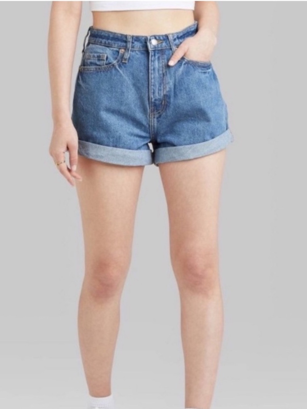 wild fable medium blue high-rise cuffed denim shorts